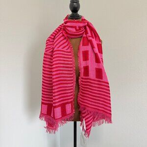 ECHO Pink/Red Geometric Cotton Blend Raw Hem Scarf 24"x72".